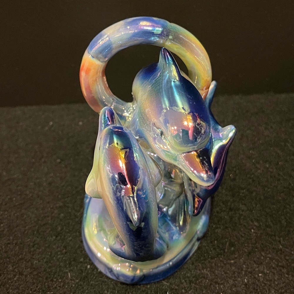 Vintage Dolphins Swimming Through Hoop Iridescent Rainbow Lusterware Figurine - Picture 8 of 12